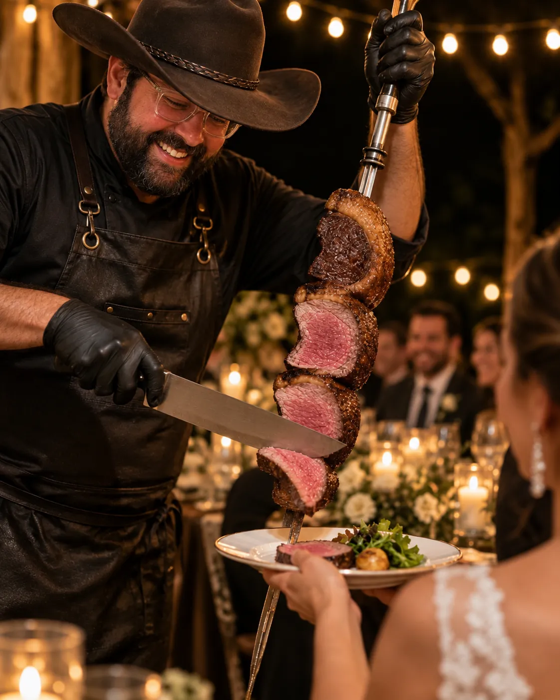 Renato carving picanha tableside at a wedding reception